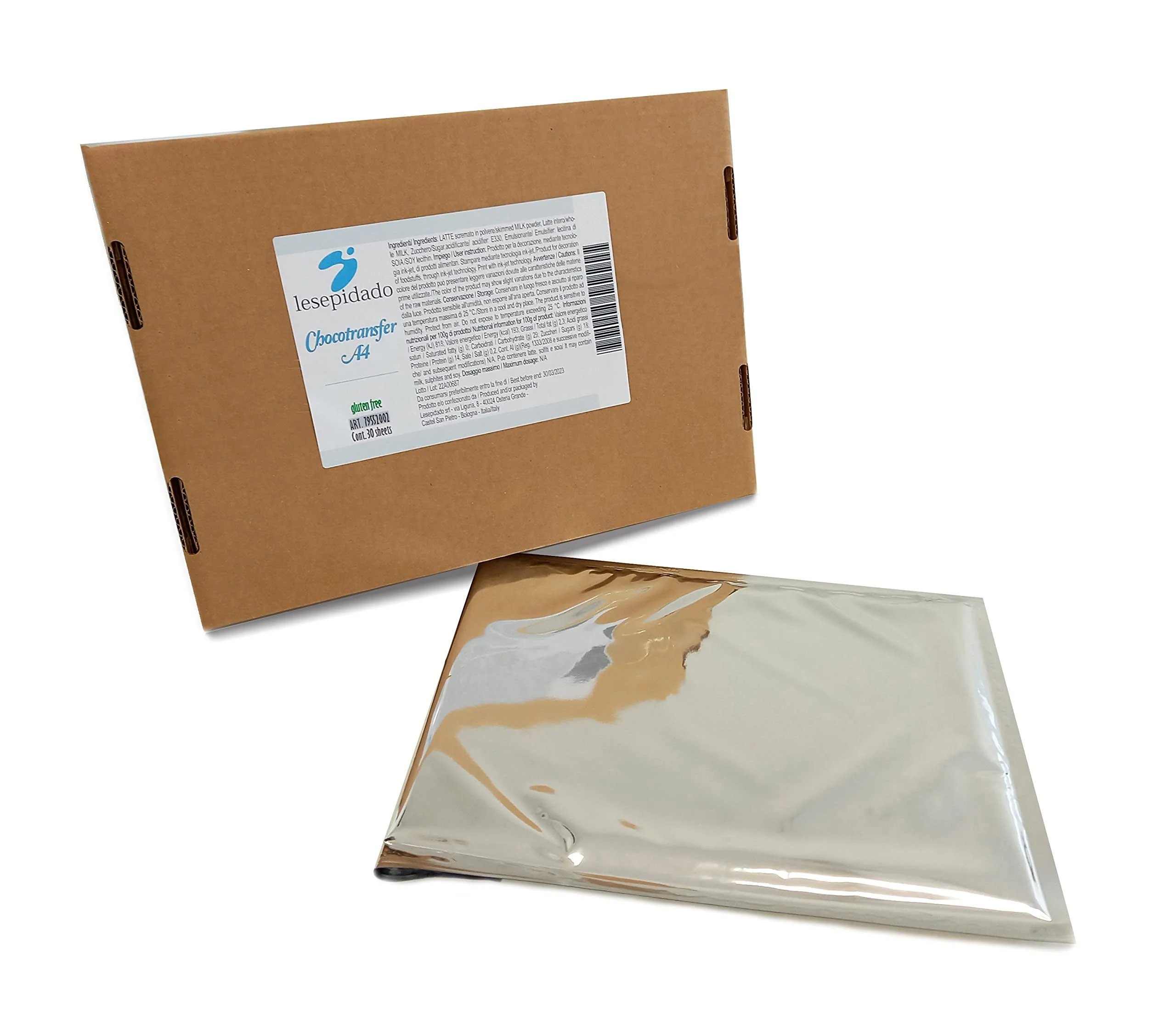 Fogli di Chocotransfer A4 (30 pcs) Lesepidado. Per la decorazione di prodotti alimentari. Fogli di acetato ricoperti di burro di cacao pronti da stampare mediante tecnologia ink-jet.